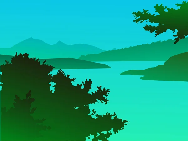 Διάνυσμα πράσινο τοπίο με τα βουνά - για κάρτα, φόντο, ΒΑ — Διανυσματικό Αρχείο
