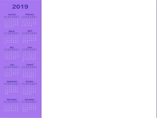 Calendario viola vettoriale 2019 sinistra — Vettoriale Stock