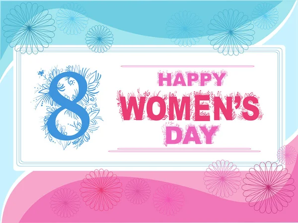 Tarjeta de felicitación vectorial Happy Womens día azul y rosa con marco — Vector de stock