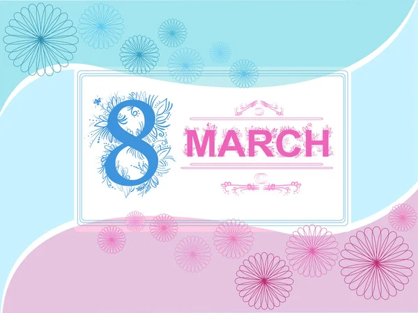 Tarjeta de felicitación vectorial 8 marzo azul y rosa con marco — Vector de stock