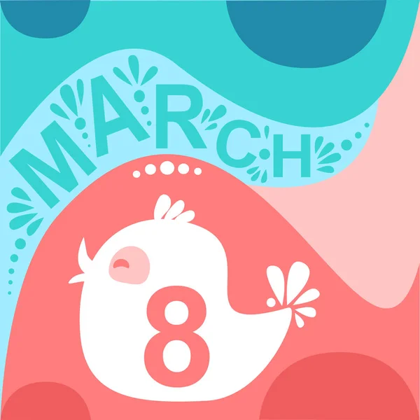 Divertido vector ilustración rosa tarjeta azul 8 marzo y pájaro — Vector de stock