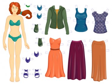Dress up  paper dall - woman Autumn set of modern clothes clipart