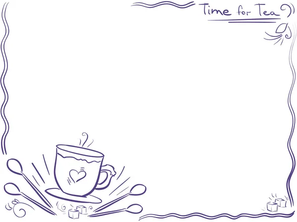 Fondo con taza y texto Tiempo para el té - diseño del menú. Doodle. — Vector de stock