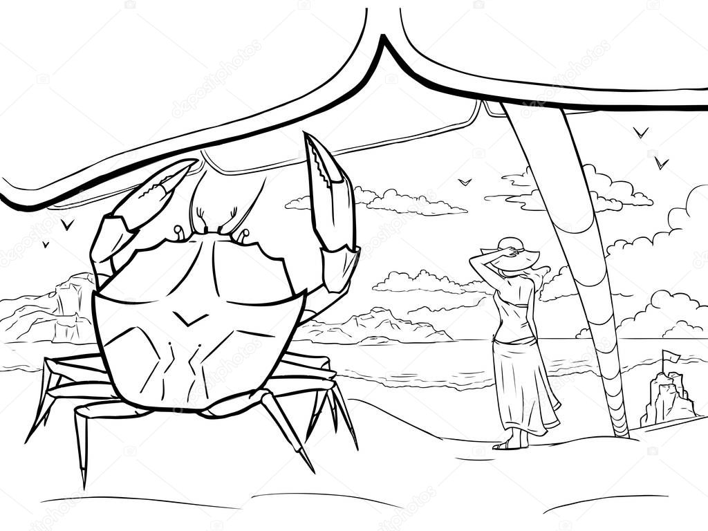 Coloring page - Crab on the beach, girl and sand castle 
