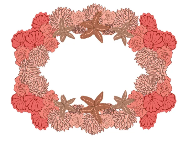 Arrecife de coral con equeveria, conchas, estrellas de mar y rosas, compositi — Vector de stock