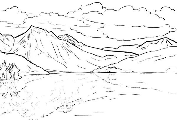 Coloring page line art - nature mountains and reflection in the