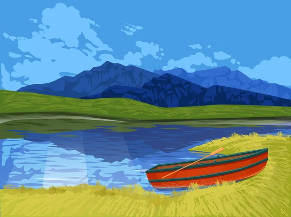 Paisaje Canadá - parque natural - lago con montaña y barco — Vector de stock