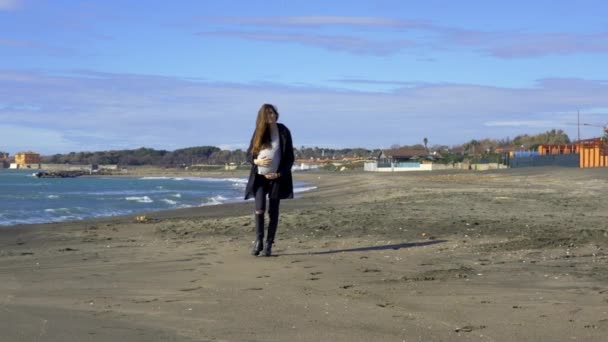 Happy Pregnant Woman Walking Beach Relaxing — Stock Video