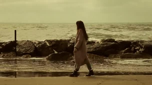 一个女人在狂野的大海前愤怒地独自行走 — 图库视频影像