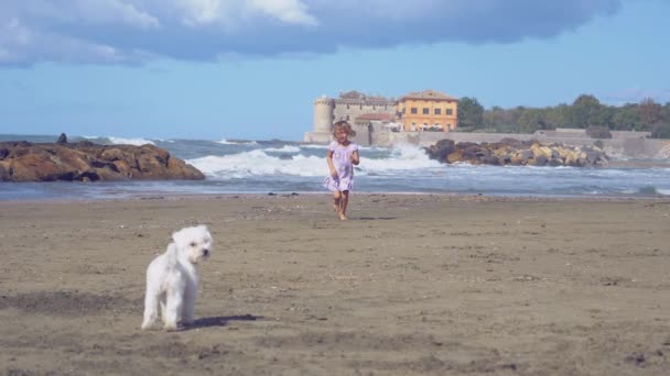 Cute Little Girl Running Jumping Beach Super Slow Motion — Stock Video