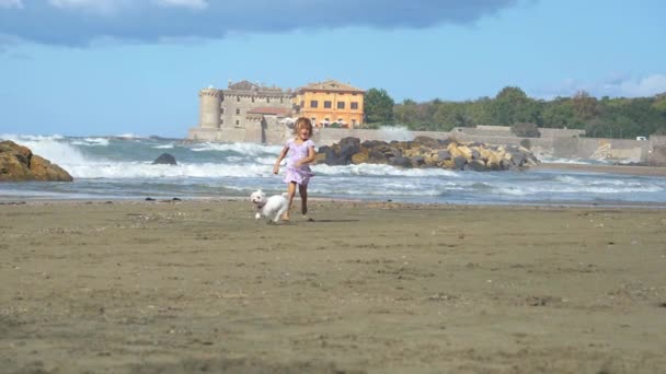 Little Blond Girl Hugging Strong Mother Front Sea Europe Playing — Stock Video