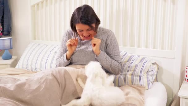 Feliz Hermosa Mujer Enamorada Cachorro Perro Jugando Cama — Vídeos de Stock