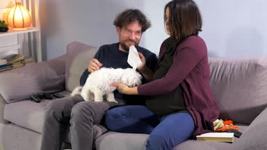 Hamile kadın kocası ile küçük köpek vasıl ev temizleme