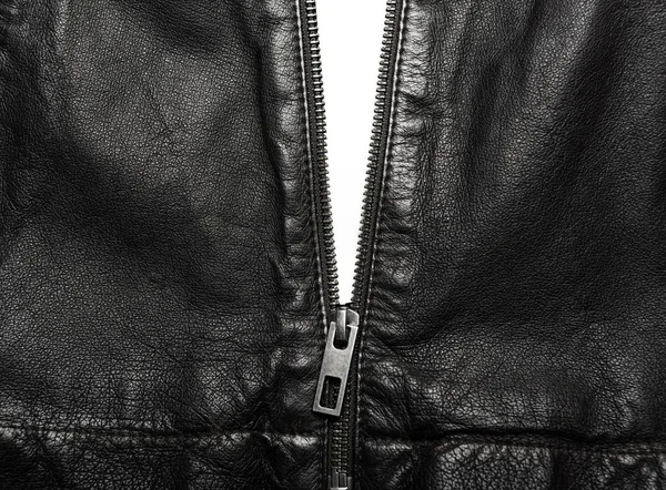 Black leather jacket with the zip partly open — Stock Photo, Image