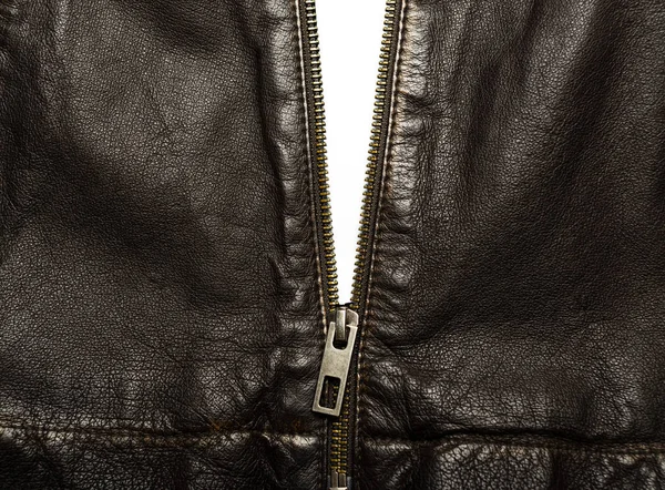 Dark brown leather jacket with the zip partly open — Stock Photo, Image