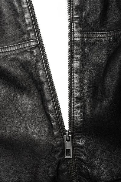 Black leather jacket with the zip partly open — Stock Photo, Image