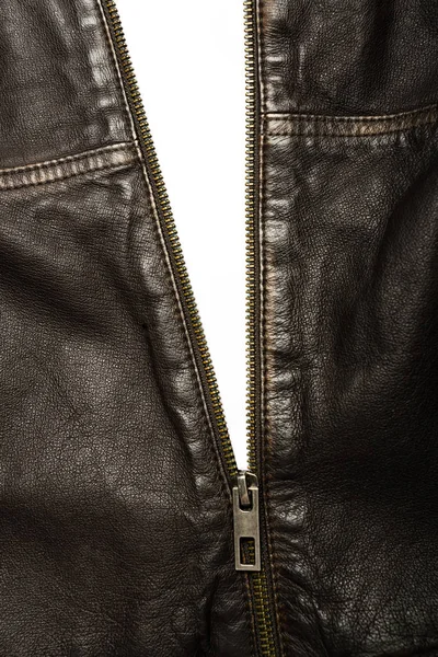 Dark brown leather jacket with the zip partly open — Stock Photo, Image