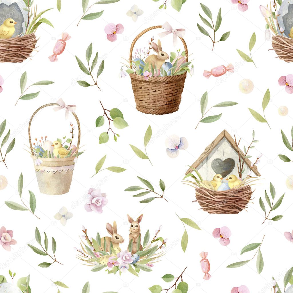 Watercolor Easter seamless pattern with birdhouse and baby chickens