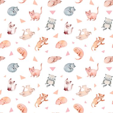 Elle boyanmış suluboya çizgi film kedileri ve kedi yavruları desenleri