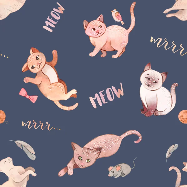 Hand painted watercolor cartoon cats and kittens patterns