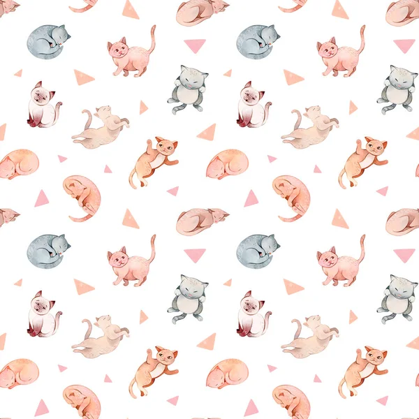 Hand painted watercolor cartoon cats and kittens patterns