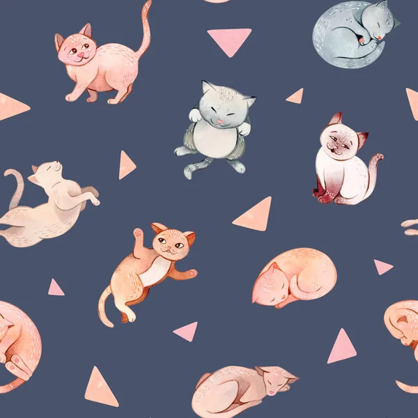 Acuarela pintada a mano dibujos animados gatos y gatitos patrones — Foto de Stock
