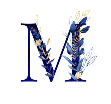 Watercolor letter m - hand painted floral monogram, logo