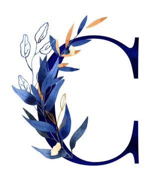 Watercolor floral monogram, letter c - classic blue decorated with gold 