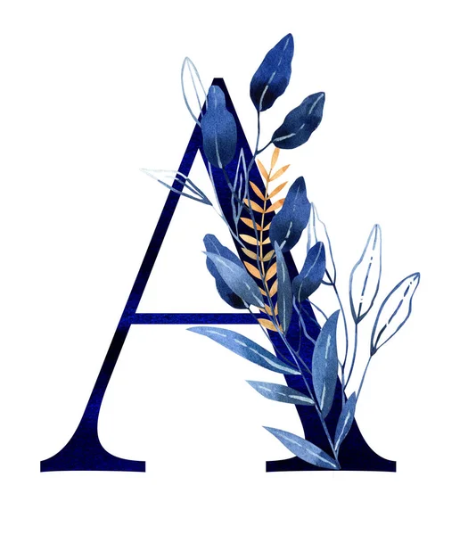 Monogramme floral aquarelle, lettre a - bleu classique décoré d'or — Photo