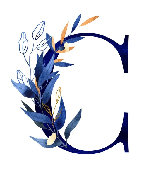 Watercolor floral monogram, letter c - classic blue decorated with gold — Stockfoto