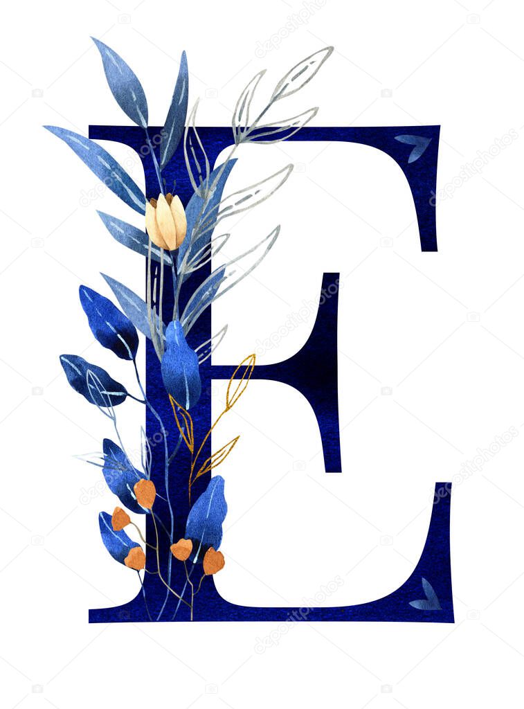 Watercolor floral monogram, letter e - classic blue decorated with gold 