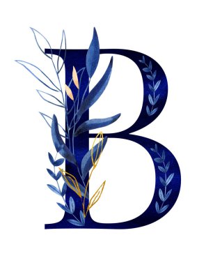 Watercolor floral monogram, letter b - classic blue decorated with gold 
