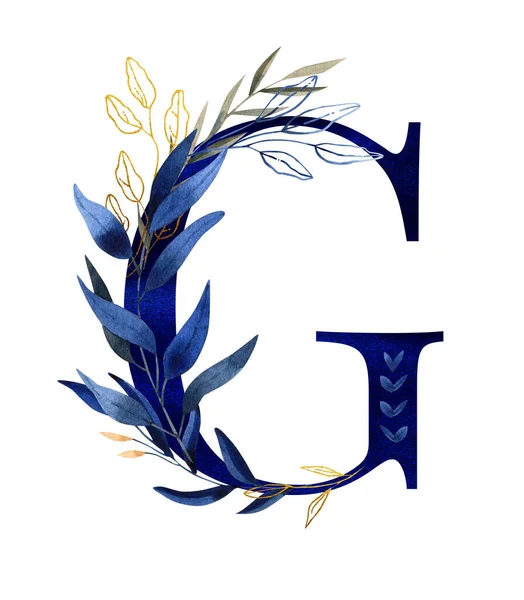 Watercolor floral monogram, letter - classic blue decorated with gold — Stock fotografie