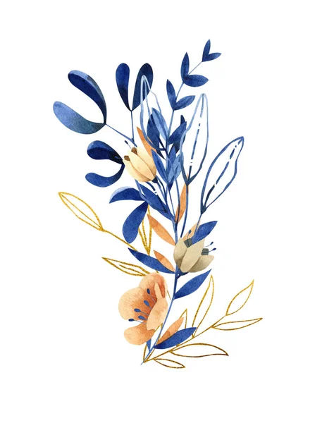 Illustration aquarelle peinte à la main - bouquet, arrangement dans les tons bleus classiques — Photo