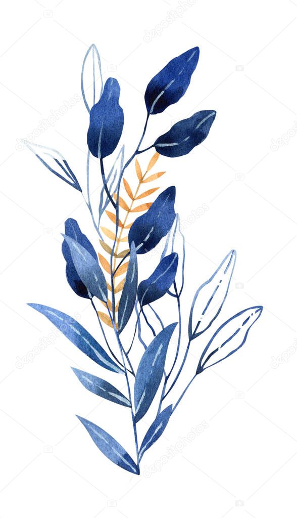 Hand painted watercolor illustration - bouquet, arrangement in classic blue shades