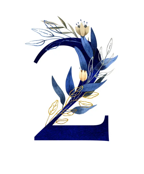 Monograma floral acuarela 2 - número - azul clásico decorado con flores — Foto de Stock