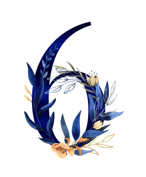 Aquarell florales Monogramm - Nummer 6 - klassisches Blau mit Blumen verziert — Stockfoto