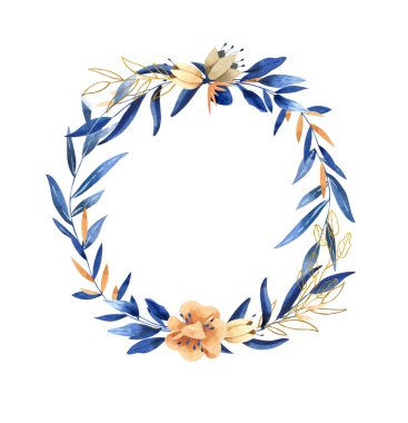 Çelenk - elle boyanmış suluboya çizimler koyu mavi ve altın rengi gölgeler