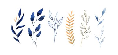 Hand painted watercolor illustration - classic blue and gold leaves