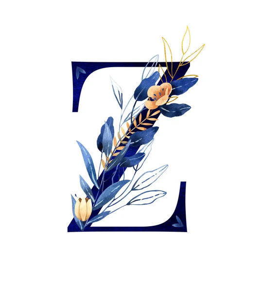 Aquarelle lettre z - monogramme floral peint à la main, logo dans les tons bleu profond — Photo