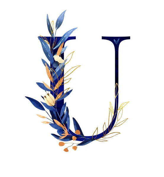 Aquarelle lettre u - monogramme floral peint à la main, logo dans les tons bleu profond — Photo