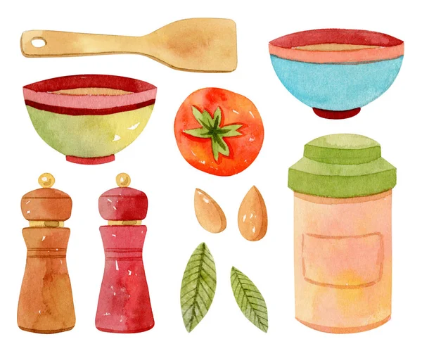 Watercolor kitchen accessories for cooking. Bowl, container, salt, pepper. — Stock Photo, Image