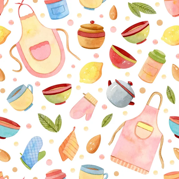 Watercolor kitchen accessories, utensils seamless pattern, background — Stock Photo, Image