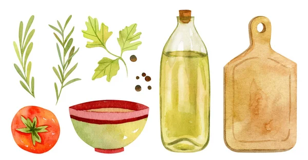 Oliwa z oliwek, zieleń, pomidor, deska do krojenia - ręcznie malowany akwarela Ilustracja — Zdjęcie stockowe