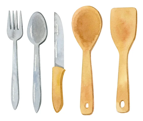 Akvarelové příbory - kuchyňské příslušenství - vidlička, lžíce, nůž, dřevěná lžíce. — Stock fotografie