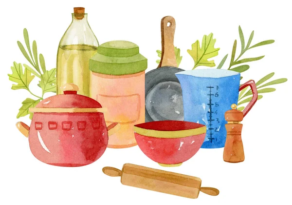 Composición de utensilios de cocina acuarela con olla, tazón —  Fotos de Stock