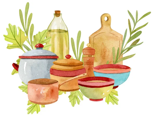 Fartuch akwarelowy, naczynia kuchenne kompozycja z garnkami — Zdjęcie stockowe