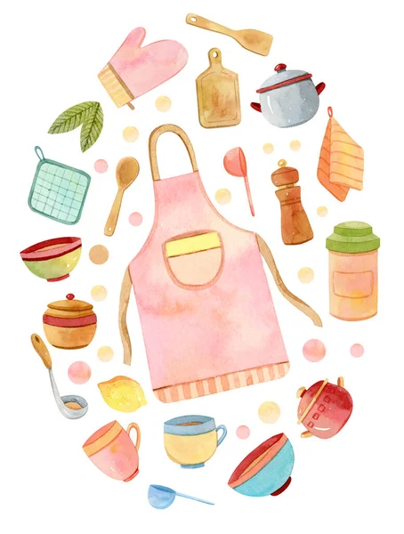 水彩纸围裙、厨房用具配锅组合 — 图库照片