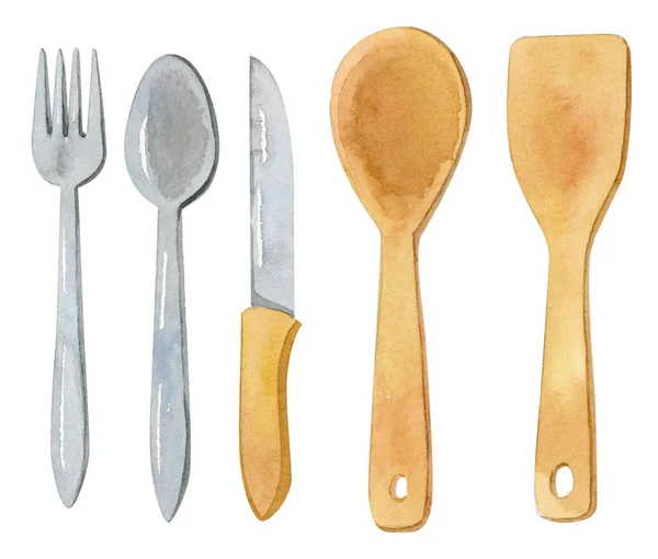 Watercolor cutlery - kitchen accessories - fork, spoon, knife, wooden spoon. — Stock Image Watercolor cutlery - kitchen accessories - fork, spoon, knife, wooden spoon. Stock Image