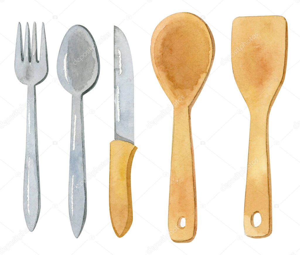 Watercolor cutlery - kitchen accessories - fork, spoon, knife, wooden spoon.